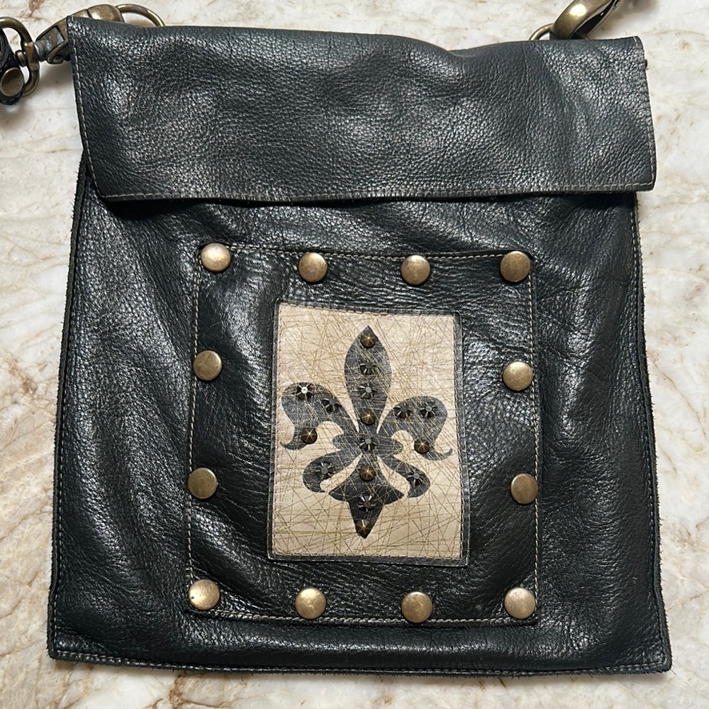 Black Leather Crossbody Bag with Fleur-de-Lis Design